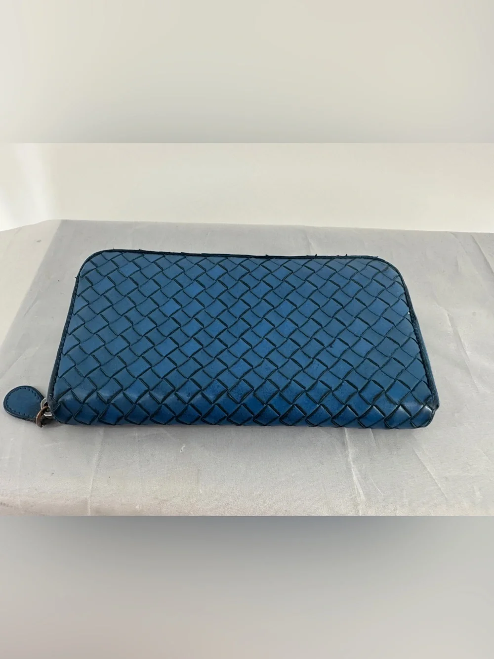 Bottega Veneta blue woven intrecciato long zip wallet
